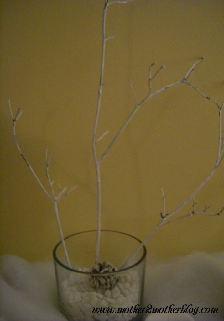 winter decorating, painted branches, snowy branches